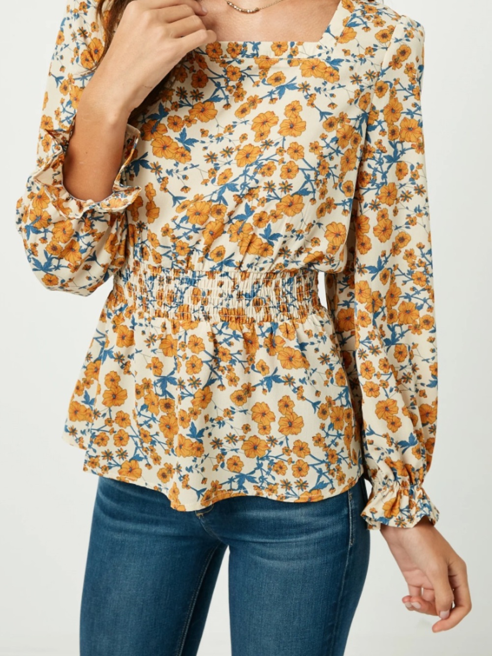 Hayden Los Angeles Floral Peplum Blouse Large Smocked Square Neck Boho